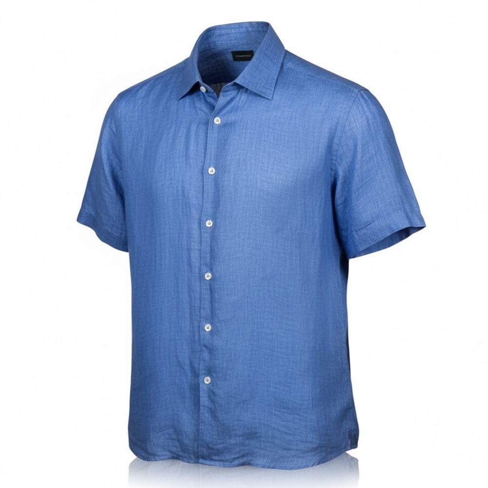 NWOT Ermenegildo Zegna Men’s Solid Blue Linen Sport Shirt Short Sleeve Sz XL